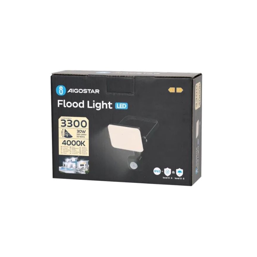 Aigostar - LED Reflektor s senzorjem LED/30W/230V 4000K IP65 črna