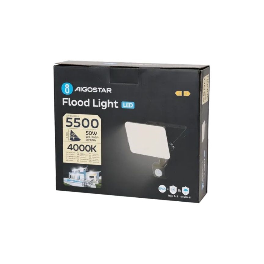 Aigostar - LED Reflektor s senzorjem LED/50W/230V 4000K IP65 črna