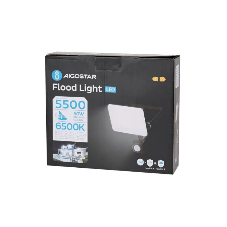 Aigostar - LED Reflektor s senzorjem LED/50W/230V 6500K IP65 črna