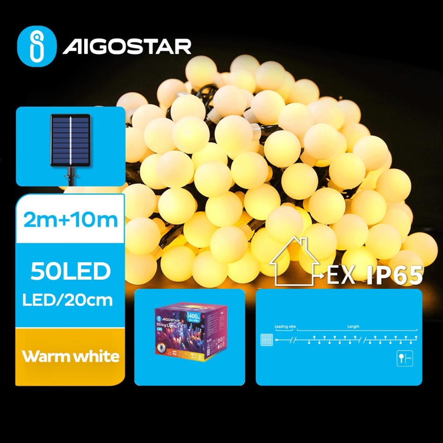 Aigostar - LED Solarna dekorativna veriga 50xLED/8 funkcij 12m IP65 topla bela