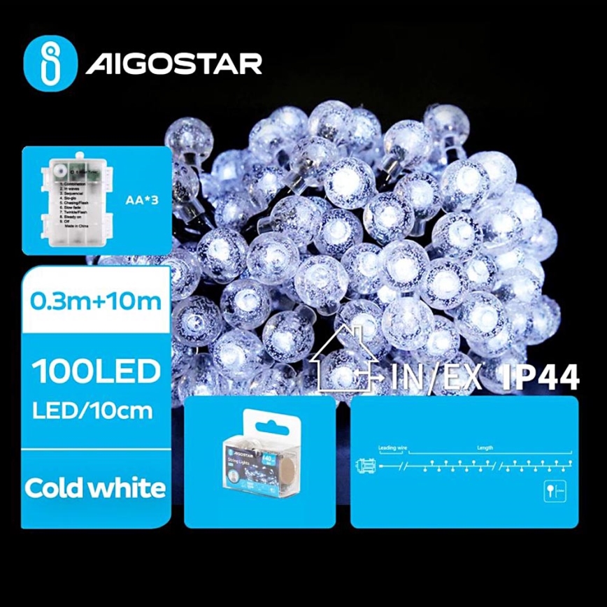 Aigostar - LED Zunanja božična veriga 100xLED/3xAA/8 funkcij 10,3 m IP44 hladno bela