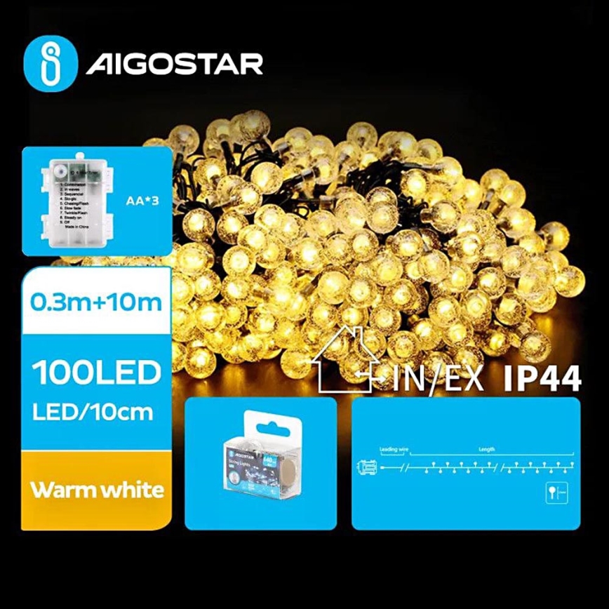 Aigostar - LED Zunanja božična veriga 100xLED/3xAA/8 funkcij 10,3 m IP44 topla bela