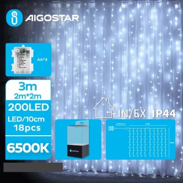 Aigostar - LED Zunanja božična veriga 200xLED/8 funkcij 3xAA 5x2m IP44 hladno bela