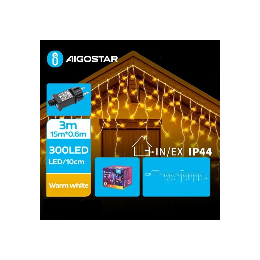 Aigostar - LED Zunanja božična veriga 300xLED/8 funkcij 18x0,6m IP44 topla bela