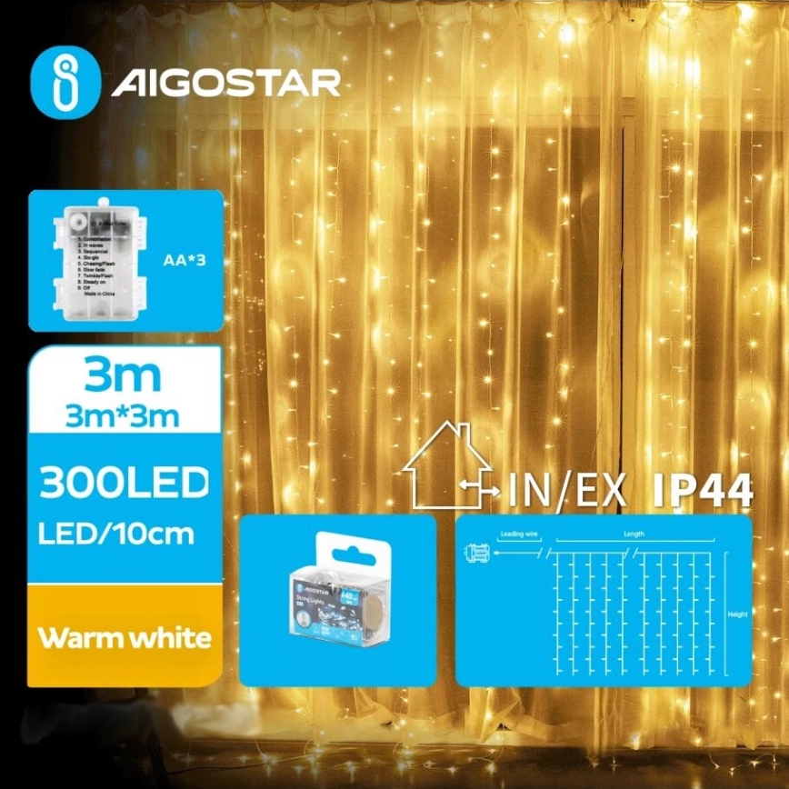 Aigostar - LED Zunanja božična veriga 300xLED/8 funkcij 3xAA 6x2m IP44 topla bela