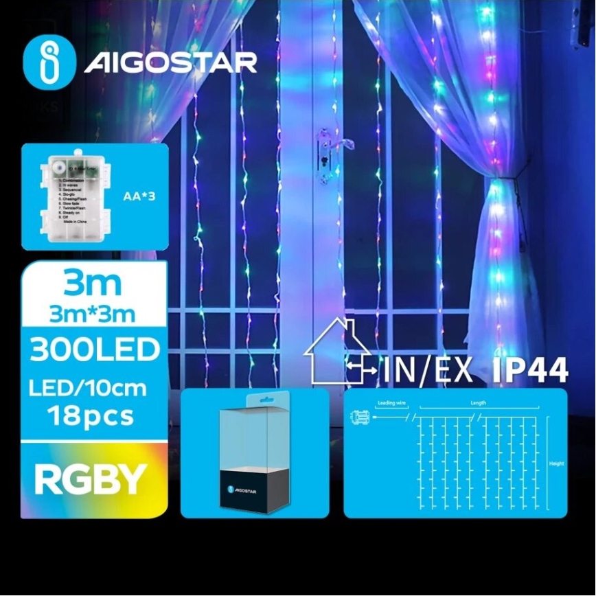 Aigostar - LED Zunanja božična veriga 300xLED/8 funkcij 3xAA 6x3m IP44 multicolor