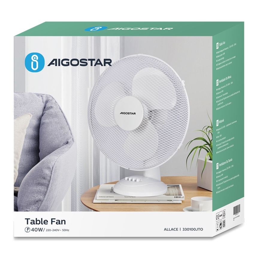 Aigostar - Namizni ventilator 40W/230V bela