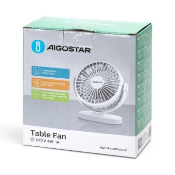 Aigostar - Polnilni namizni ventilator 4W/5V 1500mAh bela