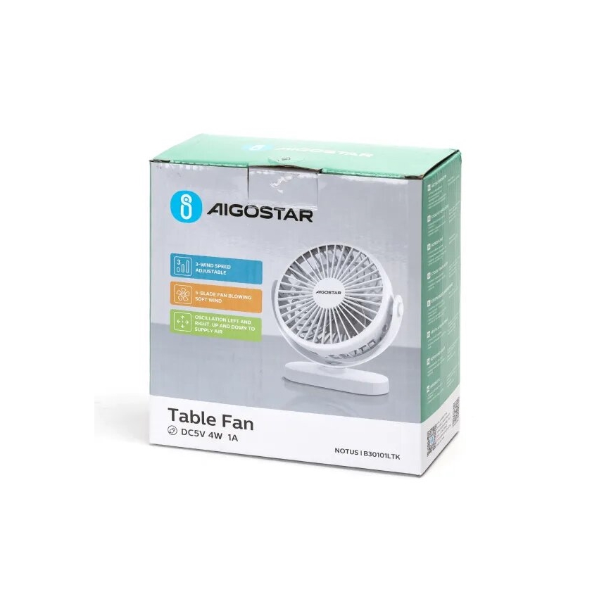 Aigostar - Polnilni namizni ventilator 4W/5V 1500mAh bela