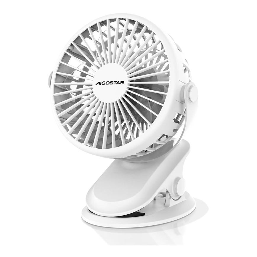 Aigostar - Polnilni namizni ventilator s sponko 4W/5V 1500mAh bela