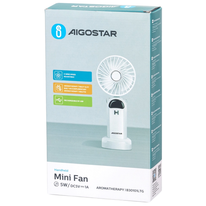 Aigostar - Polnilni ročni ventilator 4W/5V 1200mAh bela