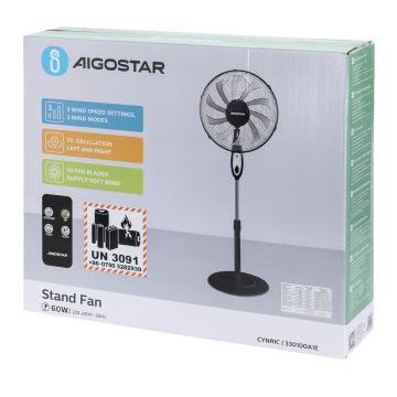 Aigostar - Stoječi ventilator 60W/230V črna + Daljinski upravljalnik