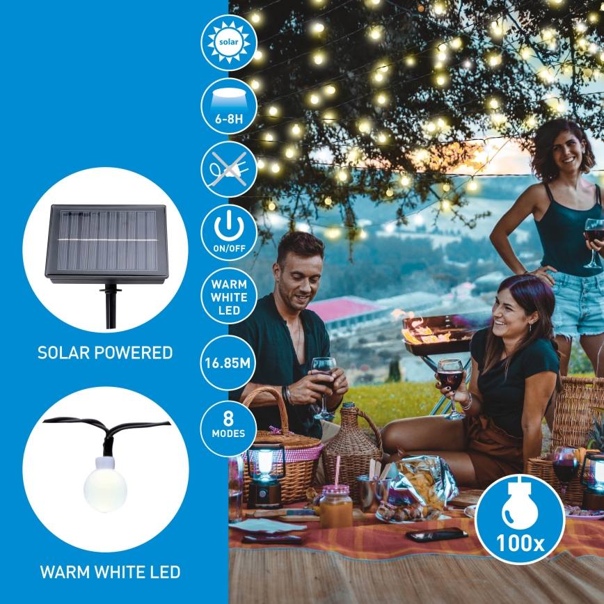 Grundig - LED Solarna veriga 100xLED/8 funkcij 16,85m topla bela