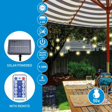 Grundig - LED Zatemnitvena solarna veriga 50xLED/8 funkcij 9,35m topla bela + Daljinski upravljalnik