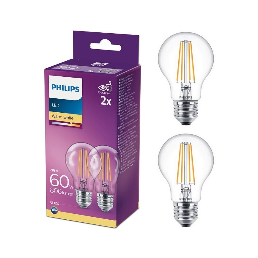 KOMPLET 2x LED Žarnica Philips A60 E27/7W/230V 2700K