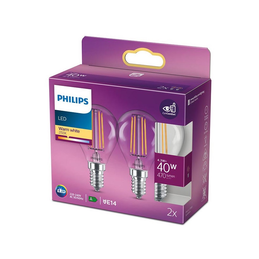 KOMPLET 2x LED Žarnica VINTAGE Philips E14/4,3W/230V 2700K