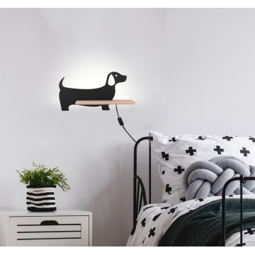 LED Otroška stenska svetilka s polico DOG LED/5W/230V črna/les - FSC certifikat