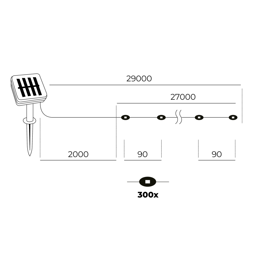 LED - Solarna veriga 300xLED/0,12W/1,2V 1xAA 27 m IP44 3000K