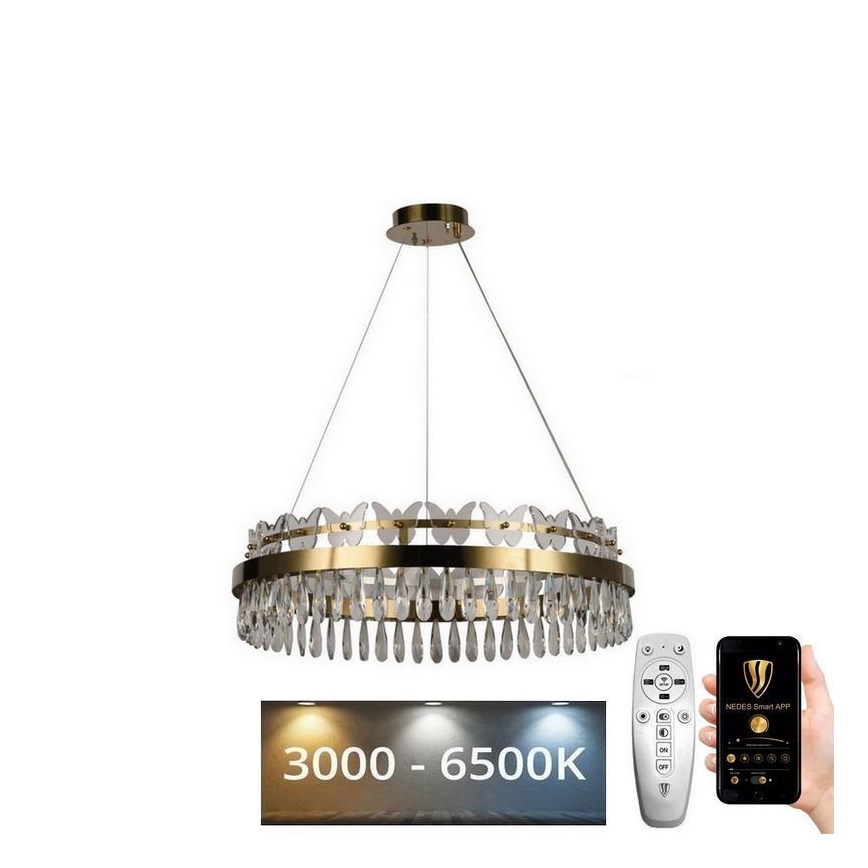 LED Zatemnitveni kristalni lestenec na vrvici LED/80W/230V 3000-6500K zlata + Daljinski upravljalnik