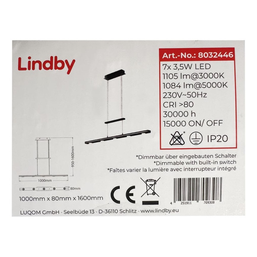 Lindby - LED Zatemnitveni lestenec na vrvici NAIARA 7xLED/4W/230V