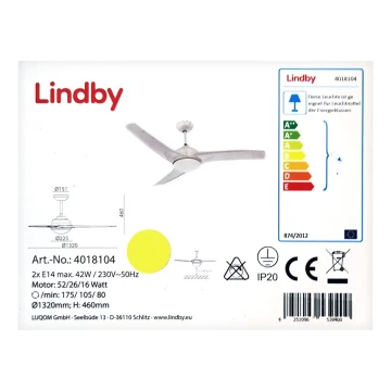 Lindby - Stropni ventilator EMANUEL 2xE14/42W/230V + Daljinski upravljalnik