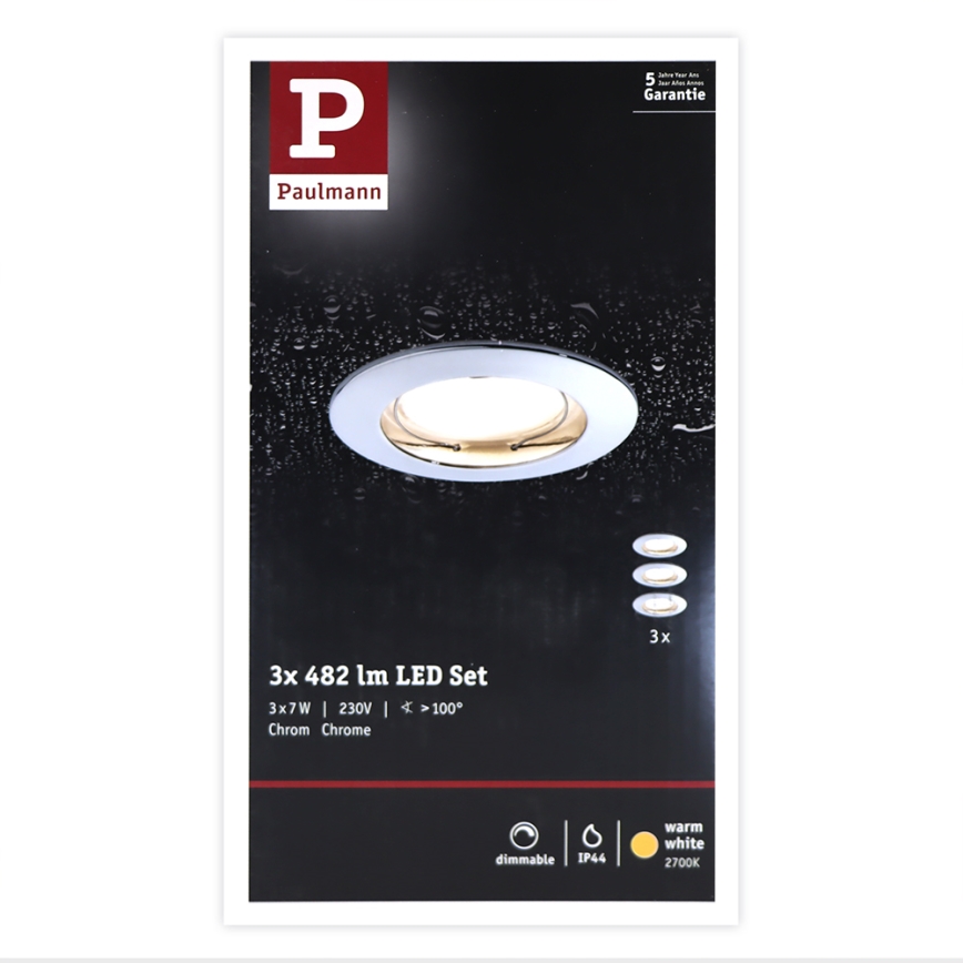 Paulmann 93960 - SET 3xLED/7W IP44 Zatemnitvena kopalniška vgradna svetilka COIN 230V