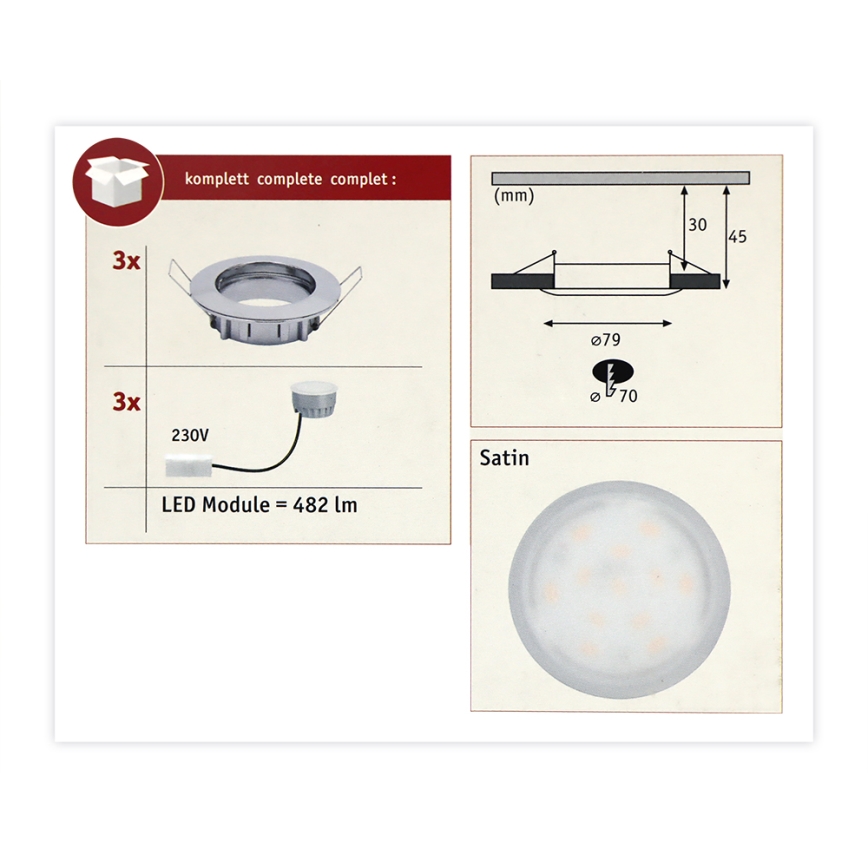 Paulmann 93960 - SET 3xLED/7W IP44 Zatemnitvena kopalniška vgradna svetilka COIN 230V