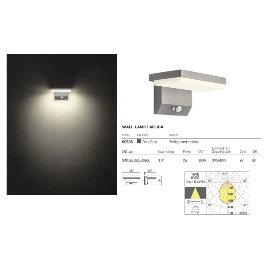 Redo 90535 - LED Solarna stenska svetilka s senzorjem TAIYO LED/2W/3,7V 3000K IP54 antracit