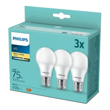 SET 3x LED Žarnica Philips A60 E27/10W/230V 2700K
