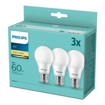 SET 3x LED Žarnica Philips A60 E27/8W/230V 2700K