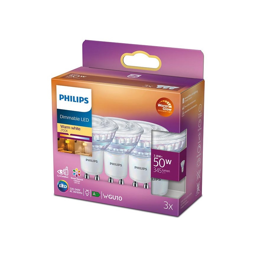 SET 3x LED Zatemnitvena žarnica Philips Warm Glow GU10/3,8W/230V 2200-2700K CRI 90